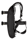XDEEP NX ZEN Deluxe – side view of BCD highlighting inflator hose, harness padding, and backplate