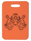 Innovate Scuba Concepts luggage tag with a black octopus wearing a vintage diving helmet on an orange background.