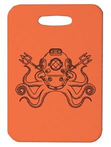 Innovate Scuba Concepts luggage tag with a black octopus wearing a vintage diving helmet on an orange background.