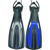 Pair of black diving fins with gray and blue accent panels and open heel straps by Innovative Scuba Concepts