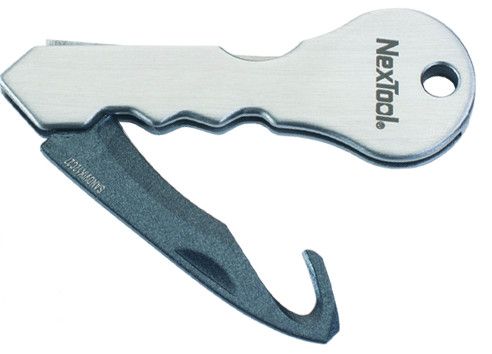 Silver stainless steel dive knife with serrated edge and pointed tip, branded "NewGrip"