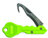 Green folding dive knife with black curved serrated blade and textured grip handle featuring lanyard hole