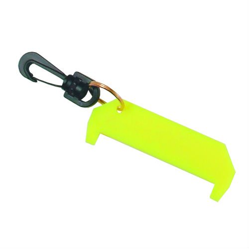 Innovate Scuba Concepts yellow plastic lobster gauge showing swivel connection and black lanyard attachment point for underwater use