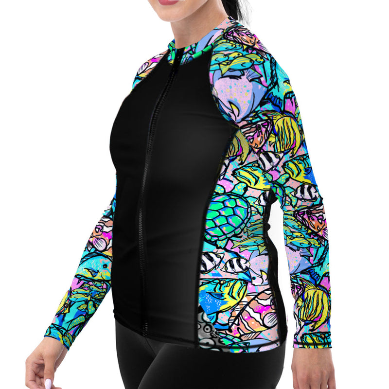 Plus Size Eco-friendly Full Zip Up Neon Fish Frenzy Rash Guard