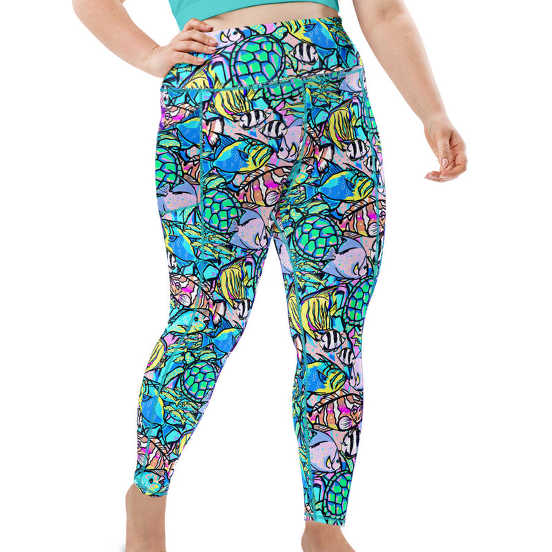 Plus Size Eco-Friendly Neon Fish Frenzy Contour Leggings
