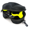 Black scuba diving mask case with yellow diving mask visible inside, featuring zippered closure and carabiner clip attachment
