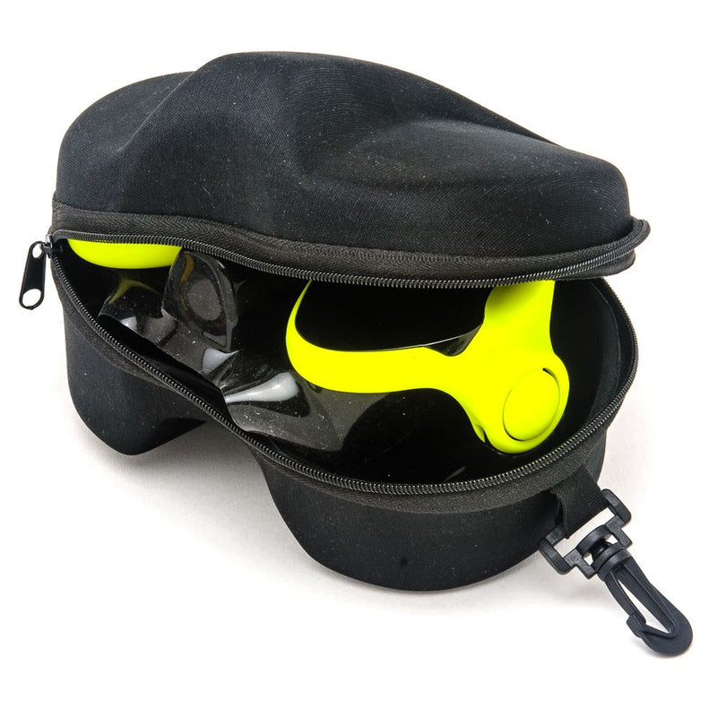Black scuba diving mask case with yellow diving mask visible inside, featuring zippered closure and carabiner clip attachment