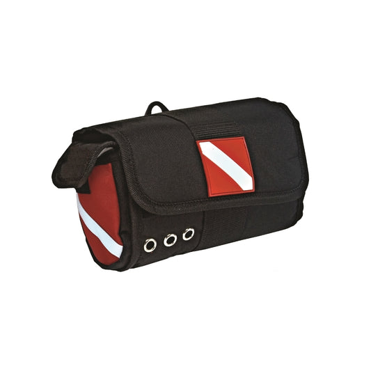 Innovate Scuba Concepts black scuba gear bag with red dive flag patch and white diagonal stripe, featuring three metal grommets