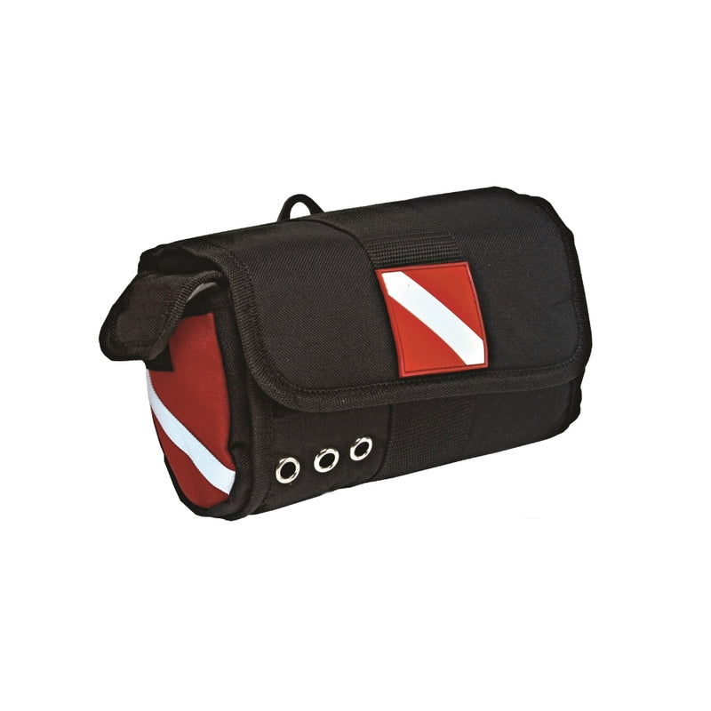 Innovate Scuba Concepts black scuba gear bag with red dive flag patch and white diagonal stripe, featuring three metal grommets