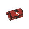 Innovate Scuba Concepts red scuba gear bag with black trim, dive flag patch, and white diagonal stripe detail with three metal grommets