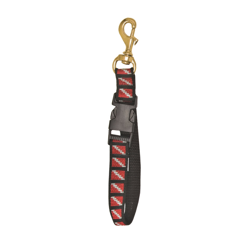 Innovate Scuba Concepts fin holder lanyard in black with red dive flag pattern, featuring brass swivel clip and adjustable webbing straps