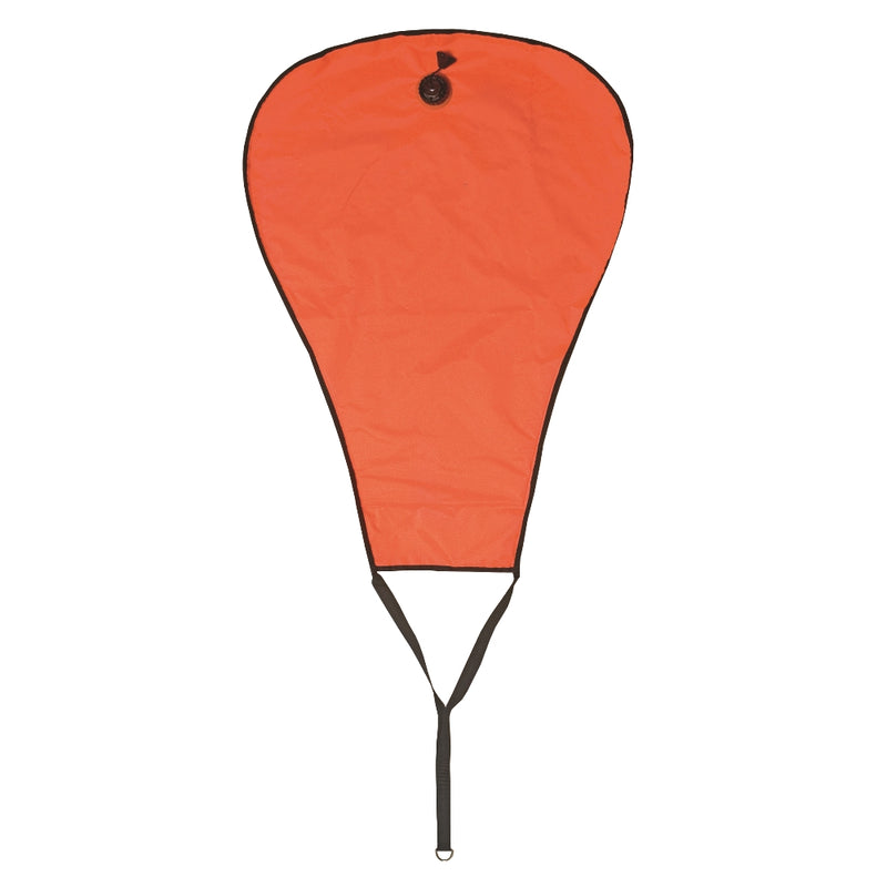 Large Orange Diver Safety Sausage with Oral Inflator – High-visibility surface marker buoy with top oral inflation valve and reinforced strap for underwater signaling.