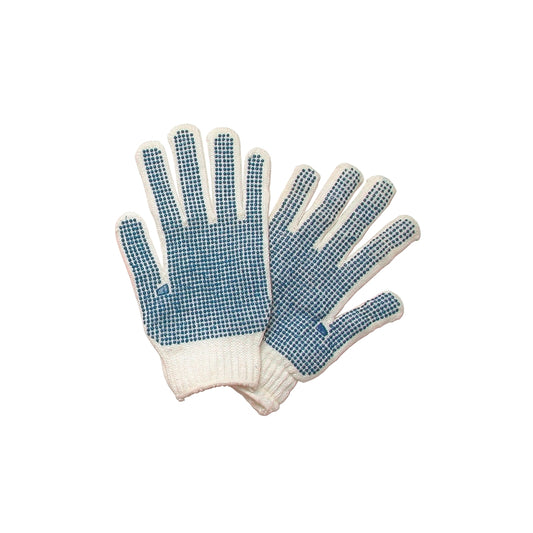 Pair of White Utility Gloves with Blue Rubber Dots – Lightweight grip gloves for scuba gear handling, featuring dotted palms for improved traction and dexterity.