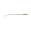 Green pole fish stringer with wire loop and black handle, laid flat on white background