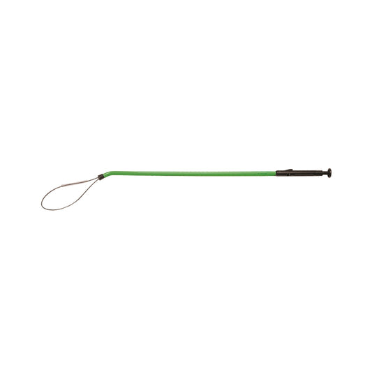 Green pole fish stringer with wire loop and black handle, laid flat on white background