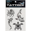 TATTOOZ Premium Dive Tattoos water-resistant temporary tattoos featuring tribal-style marine life designs including octopus, shark, sea turtle, and seahorse in black ink