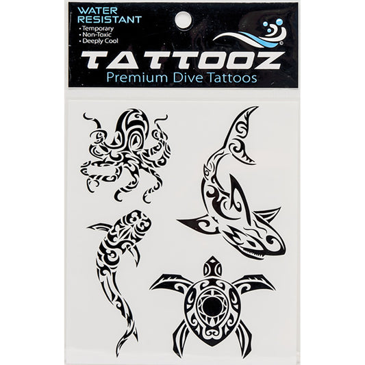 TATTOOZ Premium Dive Tattoos water-resistant temporary tattoos featuring tribal-style marine life designs including octopus, shark, sea turtle, and seahorse in black ink