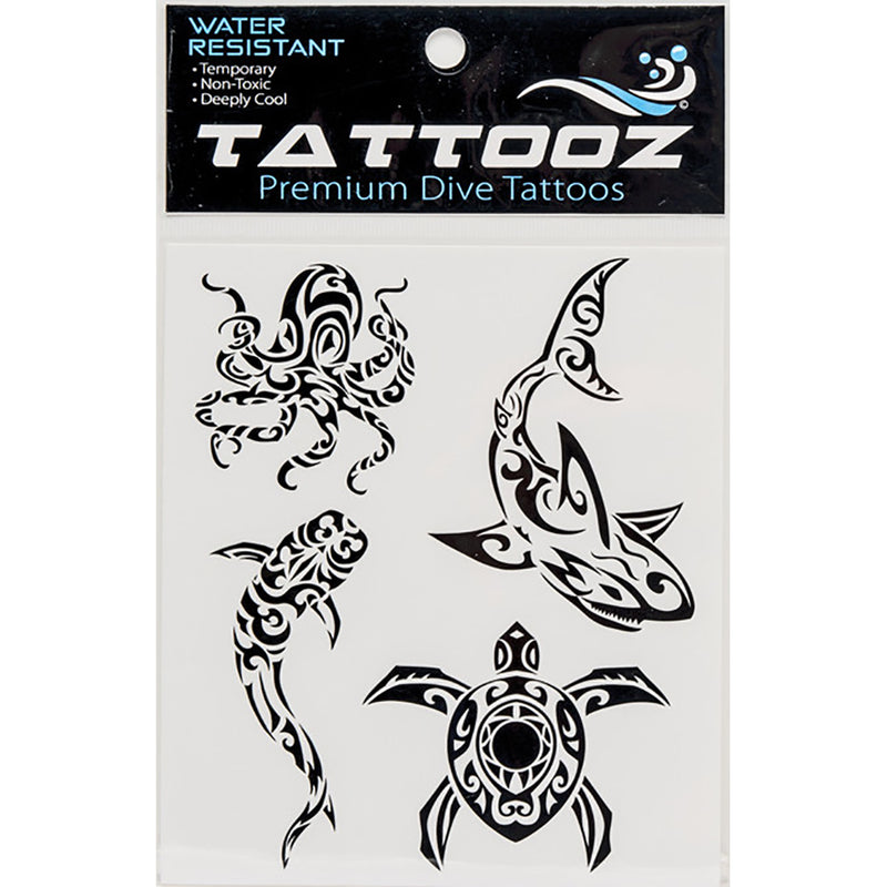 TATTOOZ Premium Dive Tattoos water-resistant temporary tattoos featuring tribal-style marine life designs including octopus, shark, sea turtle, and seahorse in black ink