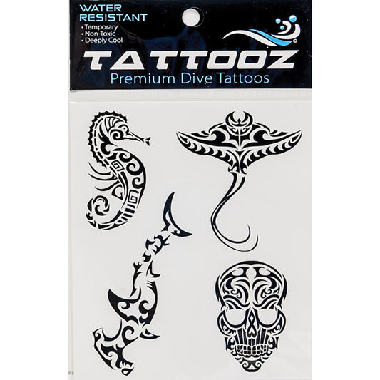 TATTOOZ Premium Dive Tattoos water-resistant temporary tattoos featuring tribal-style designs including seahorse, manta ray, shark, and skull in black ink