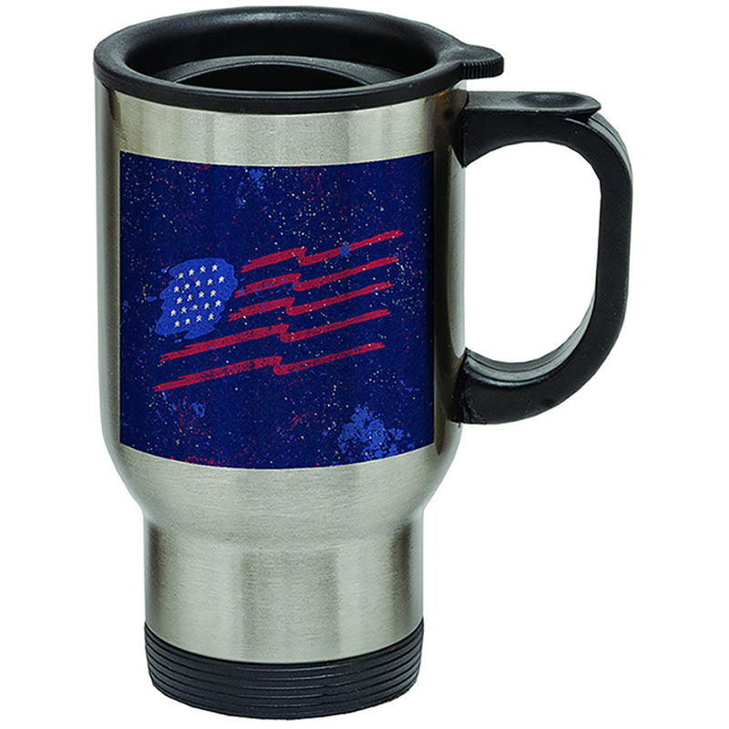 Stainless steel travel mug with black background featuring red tribal stingray design - Innovate Scuba Concepts