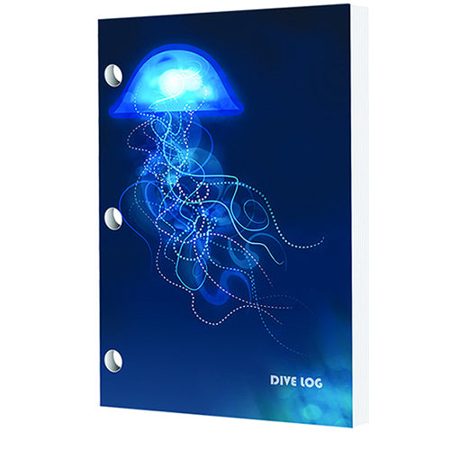 Dive log book with dark blue cover featuring luminescent jellyfish illustration and tentacles, branded with Dive Log text