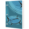 Dive log book with aqua blue cover showing stylized shark silhouette swimming through water currents