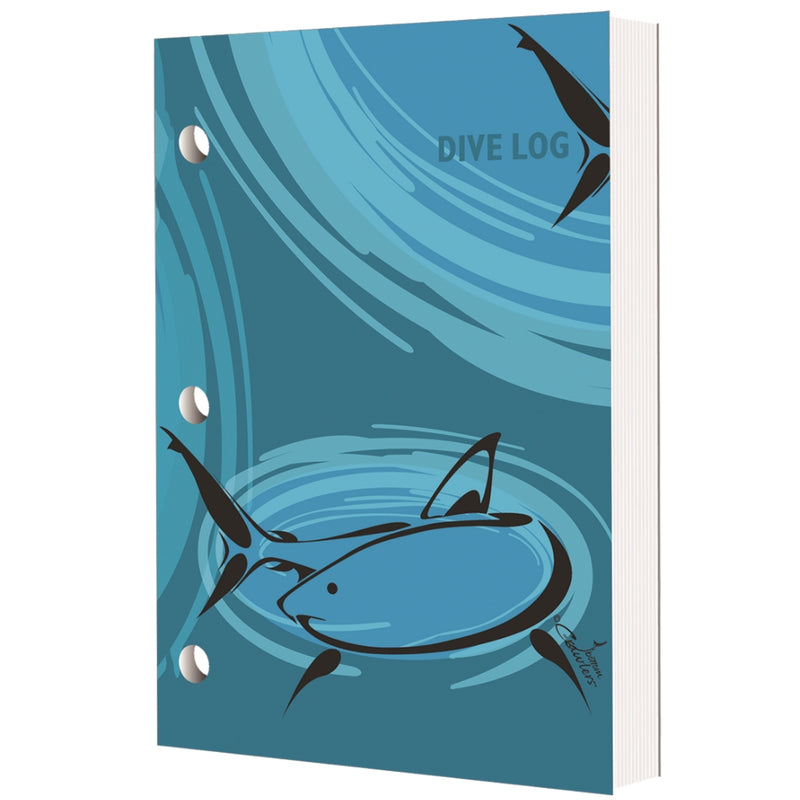 Dive log book with aqua blue cover showing stylized shark silhouette swimming through water currents