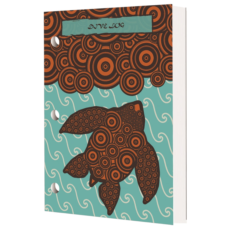 Dive log book with turquoise and orange cover showing decorative sea turtle with circular pattern design and swirl water motifs