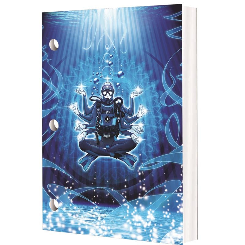 Dive log book with deep blue underwater scene featuring meditating scuba diver surrounded by light rays and marine life silhouettes