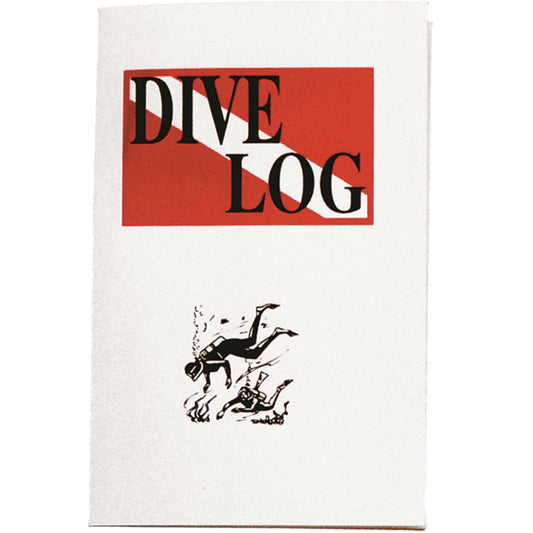 Innovate Scuba Concepts dive log book cover with red header displaying 'DIVE LOG' text and black silhouette of scuba diver underwater