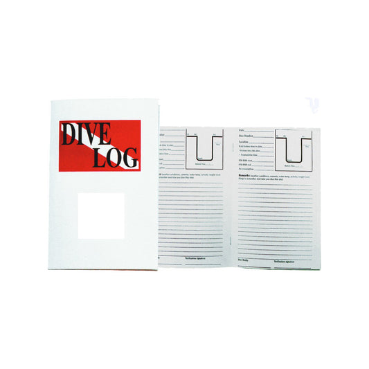 Innovate Scuba Concepts dive log book opened showing interior pages with diving log entry forms, data fields, and diving profile diagrams