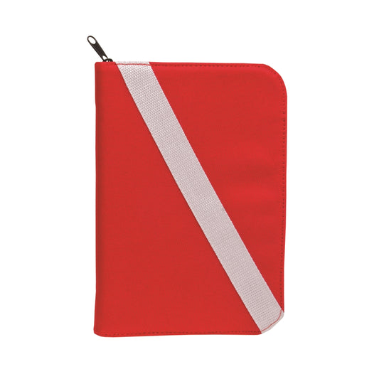 Red waterproof dive log book with white diagonal stripe and black lanyard attachment for underwater use