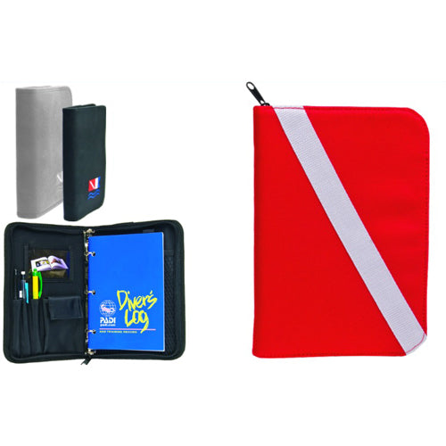 Comparison of dive log books - black waterproof logbook next to red waterproof dive log book with white diagonal stripe