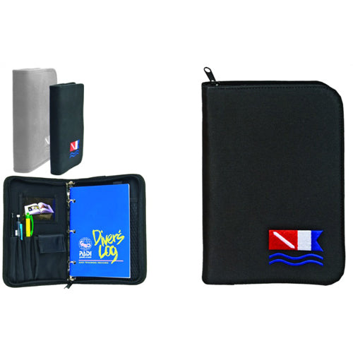 Innovate Scuba Concepts dive logbook organizer set showing black zippered cover with diving flag logo alongside blue logbook and accessories