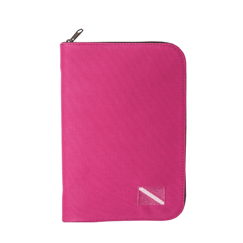 Innovate Scuba Concepts pink zippered dive logbook cover with white diving flag logo