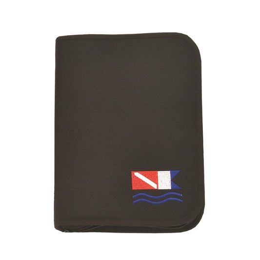 Black dive log book cover featuring embroidered dive flag logo with red, white and blue colors