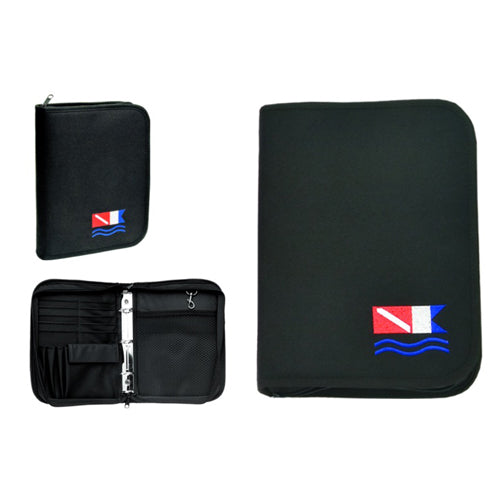 Collection of black dive log accessories including compact binder, ring-bound organizer pages, and large portfolio case with dive flag logos