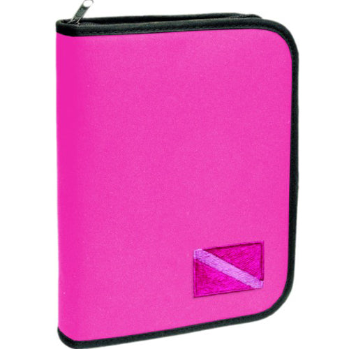 Bright pink scuba diving logbook cover with zipper and dive flag emblem - Innovate Scuba Concepts