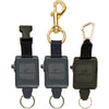 Three locking “The Gripper” retractors with different clip styles, including brass and carabiner