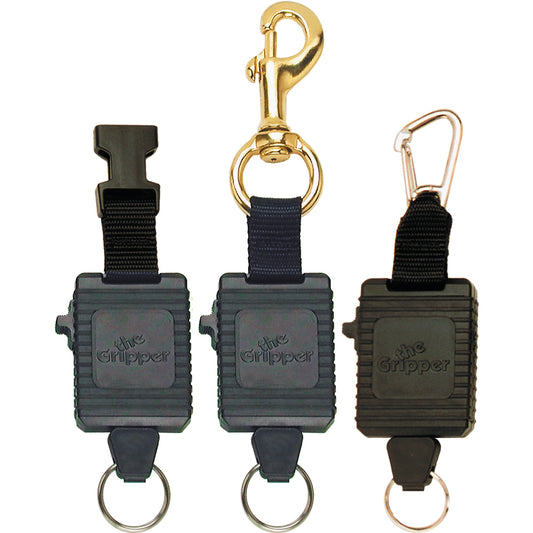 Three locking “The Gripper” retractors with different clip styles, including brass and carabiner