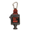 Scuba locking retractor with red strap and silver carabiner, featuring black housing and logo.
