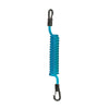 Flexible blue coiled lanyard with black plastic swivel clips, designed for lightweight gear management.