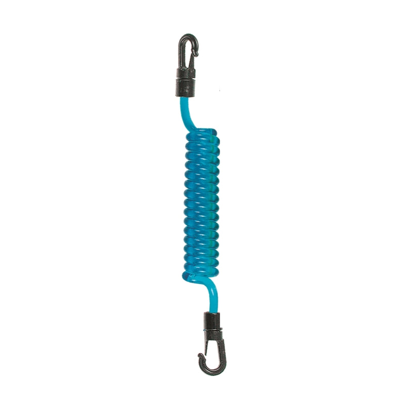Flexible blue coiled lanyard with black plastic swivel clips, designed for lightweight gear management.