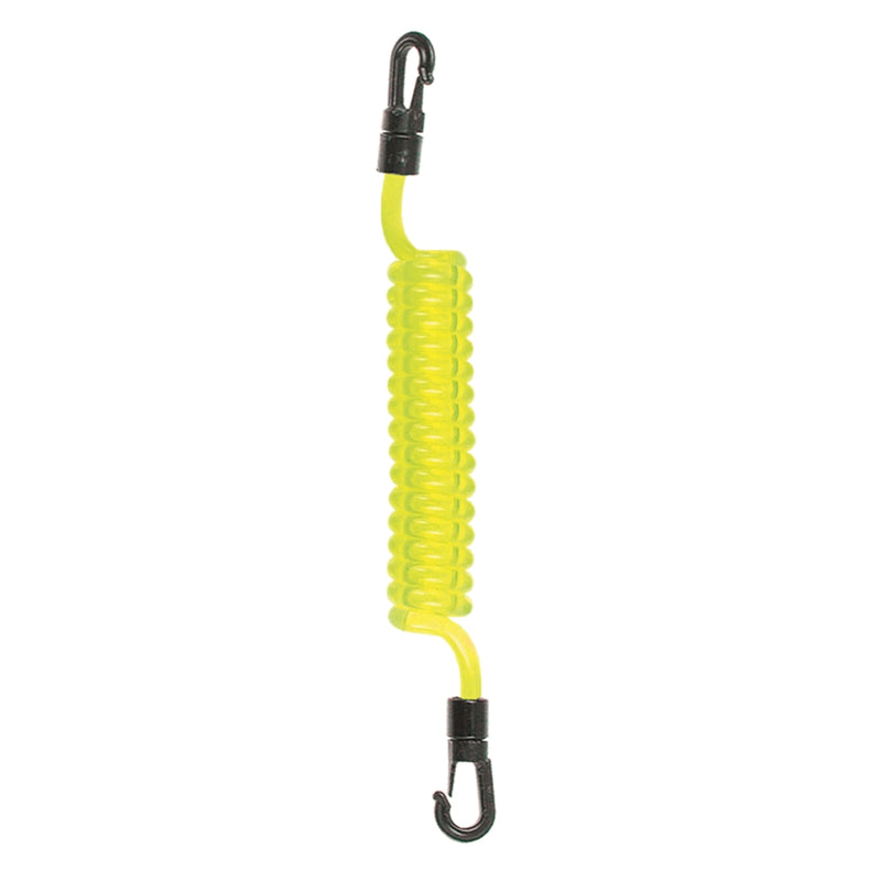 Bright yellow coiled lanyard with black swivel hooks, ideal for high-visibility underwater use.