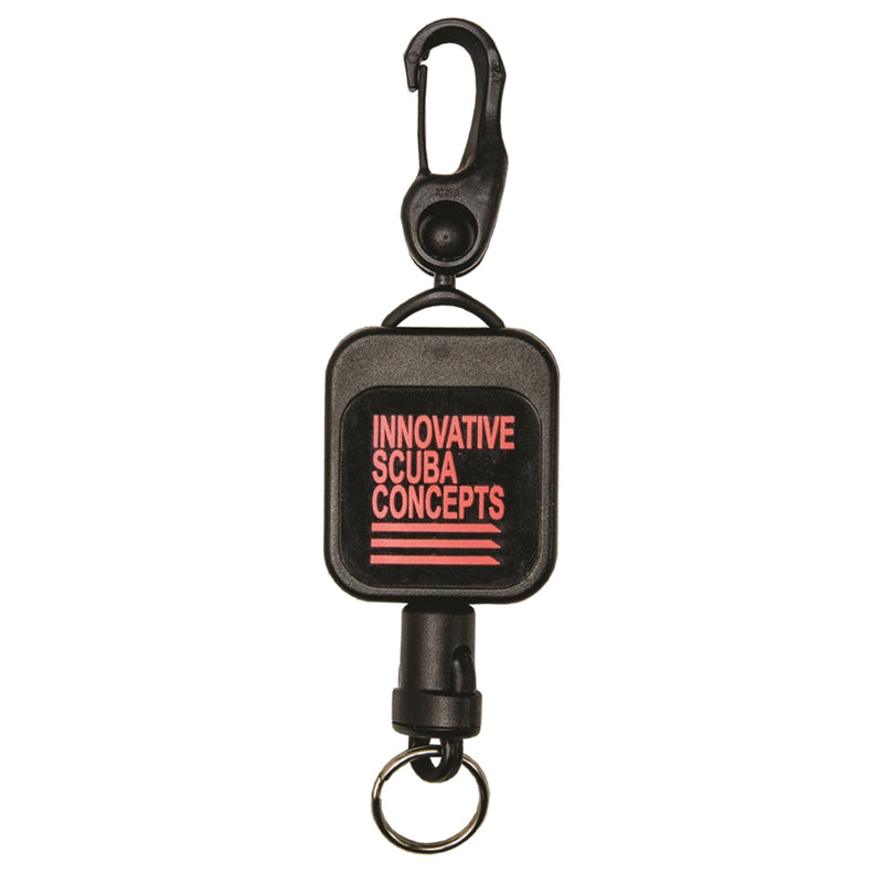 Square scuba retractor with black housing and black clip, labeled "Innovative Scuba Concepts."