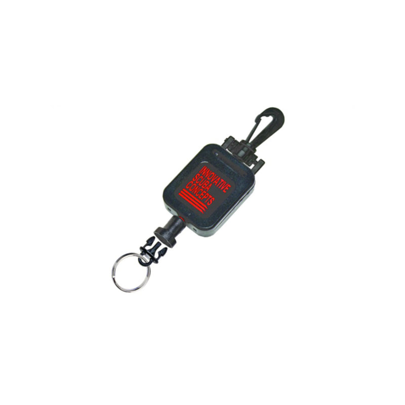 Retractor clip with Innovative Scuba Concepts branding and key ring attachment