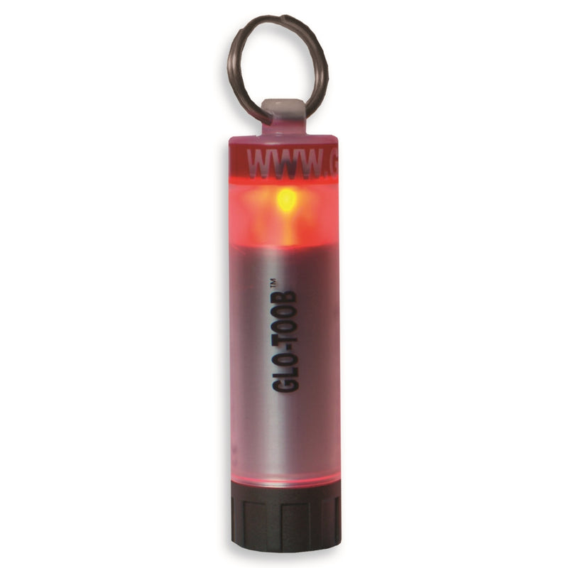 Red GLO-TOOB underwater marker light illuminated with metal ring - Innovate Scuba Concepts safety signaling device