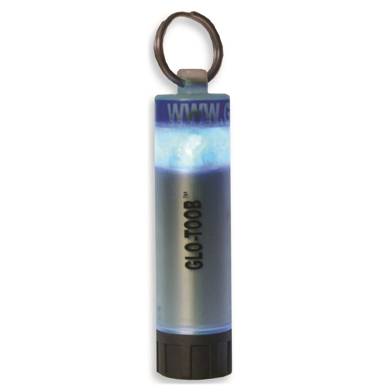 Blue GLO-TOOB underwater marker light illuminated with metal ring - Innovate Scuba Concepts safety signaling device