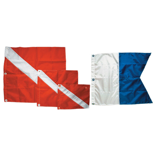 Innovate Scuba Concepts 14 x 18 inch nylon dive flags with brass grommets - red and white diagonal stripe diver down flag, white Alpha flag, and blue and white Alpha flag for scuba diving and boating safety signals