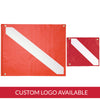 Innovate Scuba Concepts 20 x 24 inch PVC dive flags with red and white diagonal stripes, brass grommets for mounting, and custom logo imprint available - durable scuba diving safety signal flags for boats and underwater activities